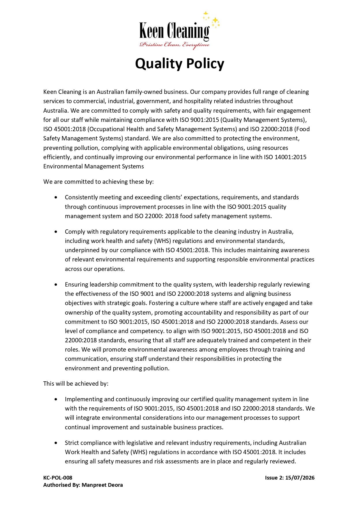 Keen Cleaning — Quality Policy document KC-POL-008, signed by Managing Director