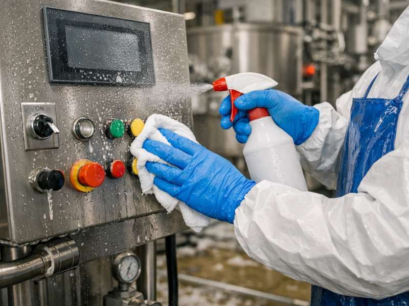 Food plant worker in protective gear handling production in a hygienic facility