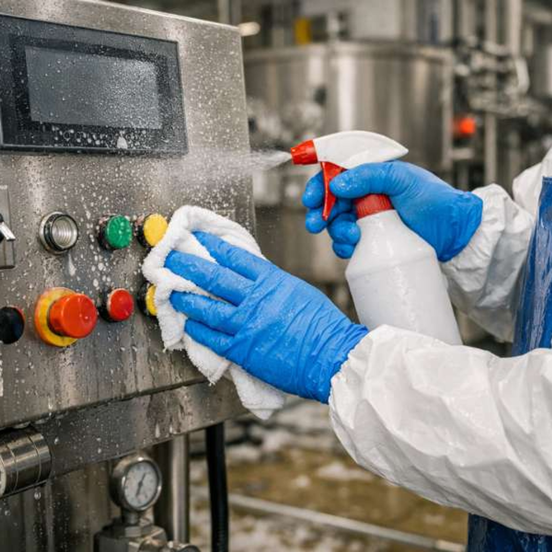 Food plant worker in protective gear handling production in a hygienic facility