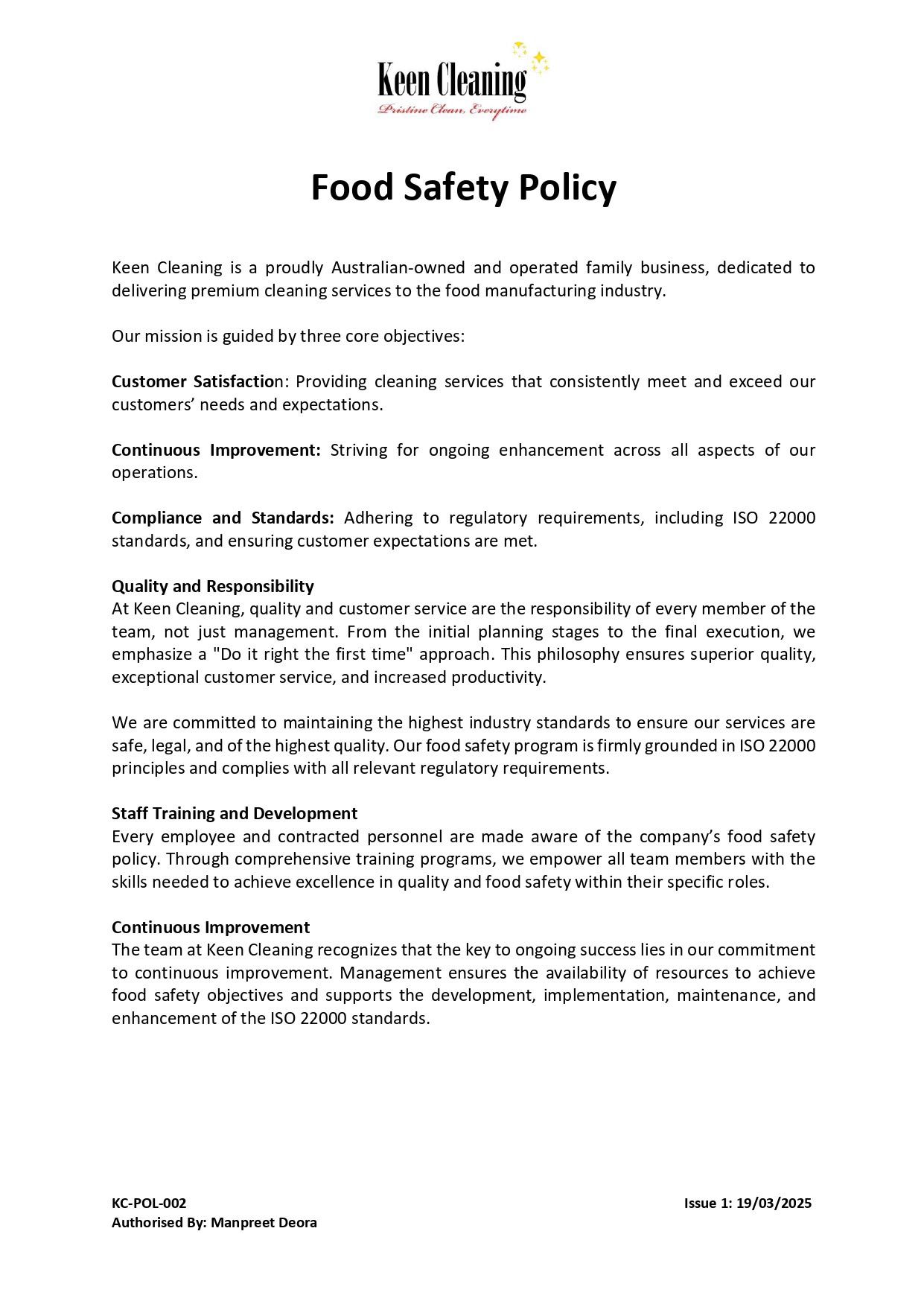 Keen Cleaning — Food Safety Policy document KC-POL-002, signed by Managing Director