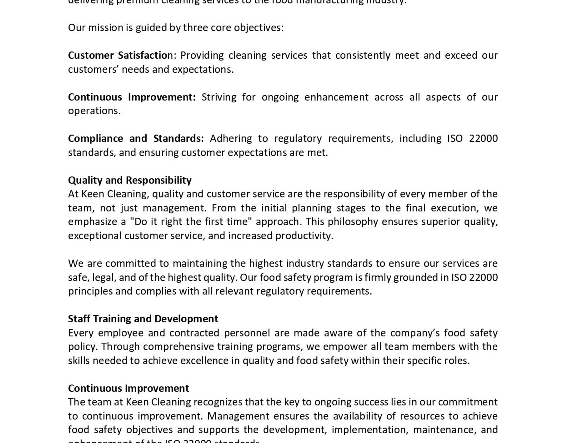 Keen Cleaning — Food Safety Policy document KC-POL-002, signed by Managing Director