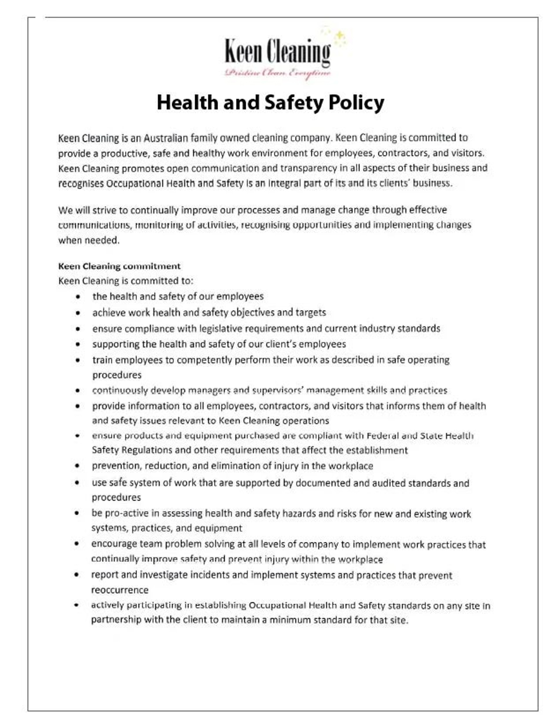 Keen Cleaning — Occupational Health and Safety Policy certificate, signed by Managing Director