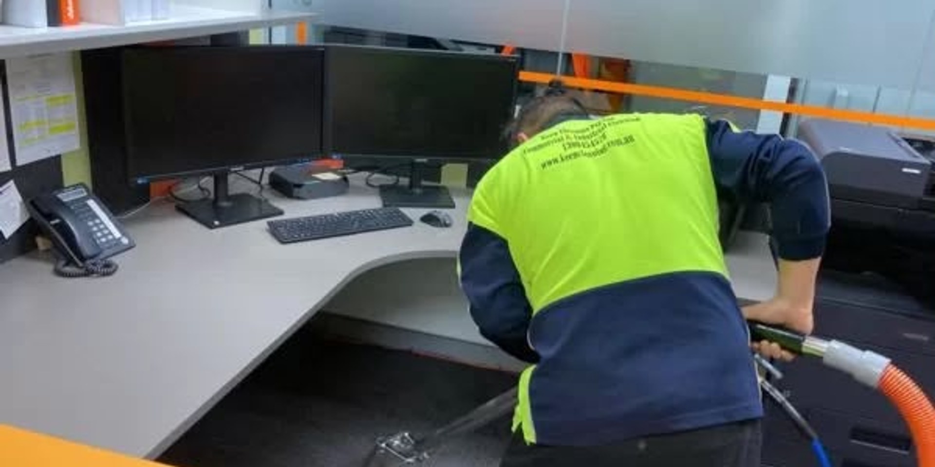 Freshly steam-cleaned commercial carpet in an office
