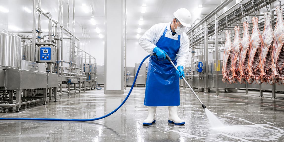 Industrial abattoir cleaning — PPE workers high-pressure washing stainless steel processing equipment