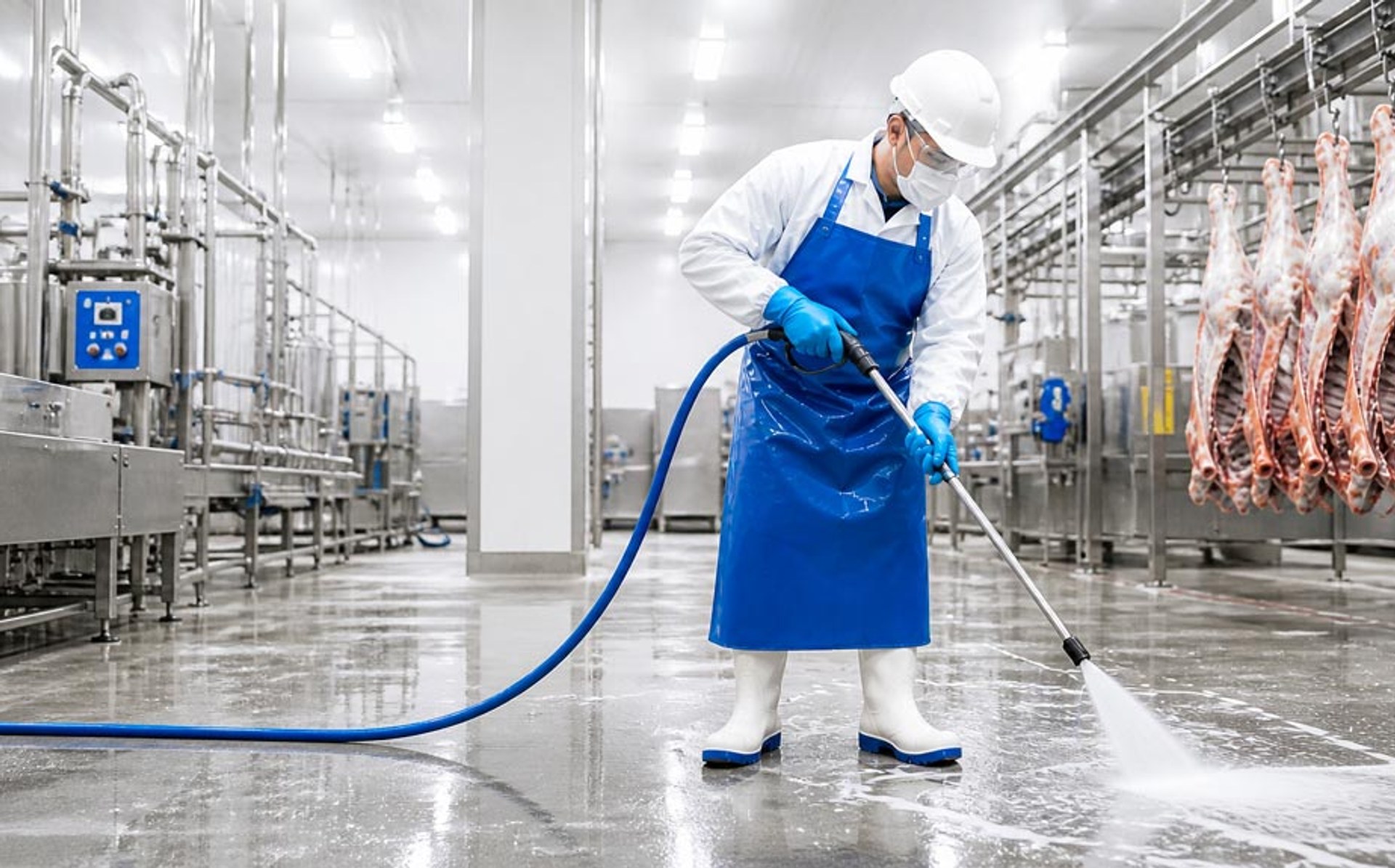 Industrial abattoir cleaning — PPE workers high-pressure washing stainless steel processing equipment