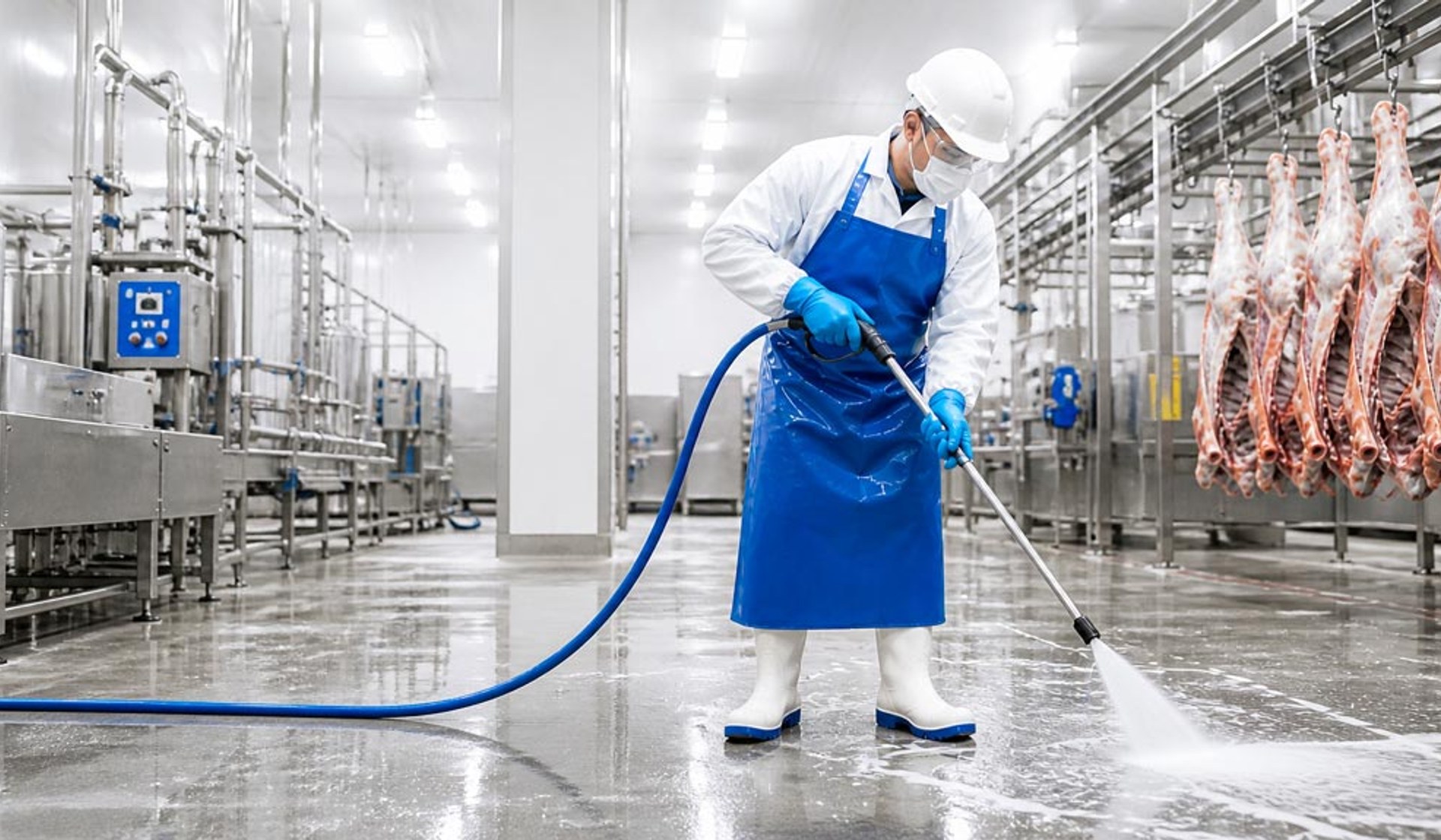 Industrial abattoir cleaning — PPE workers high-pressure washing stainless steel processing equipment