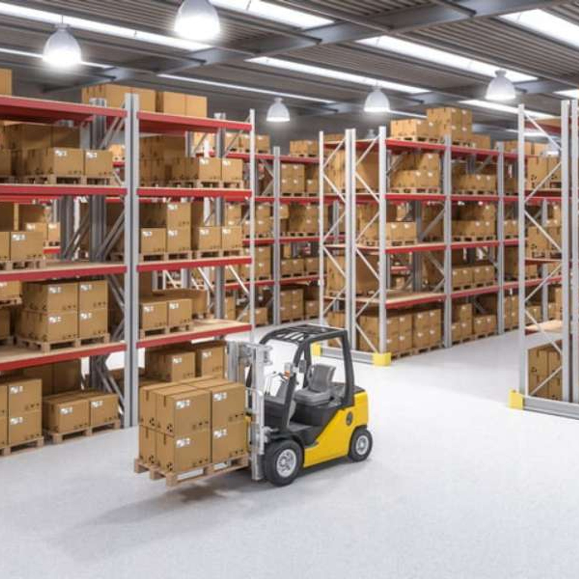 Industrial warehouse interior with high shelving and clean floors