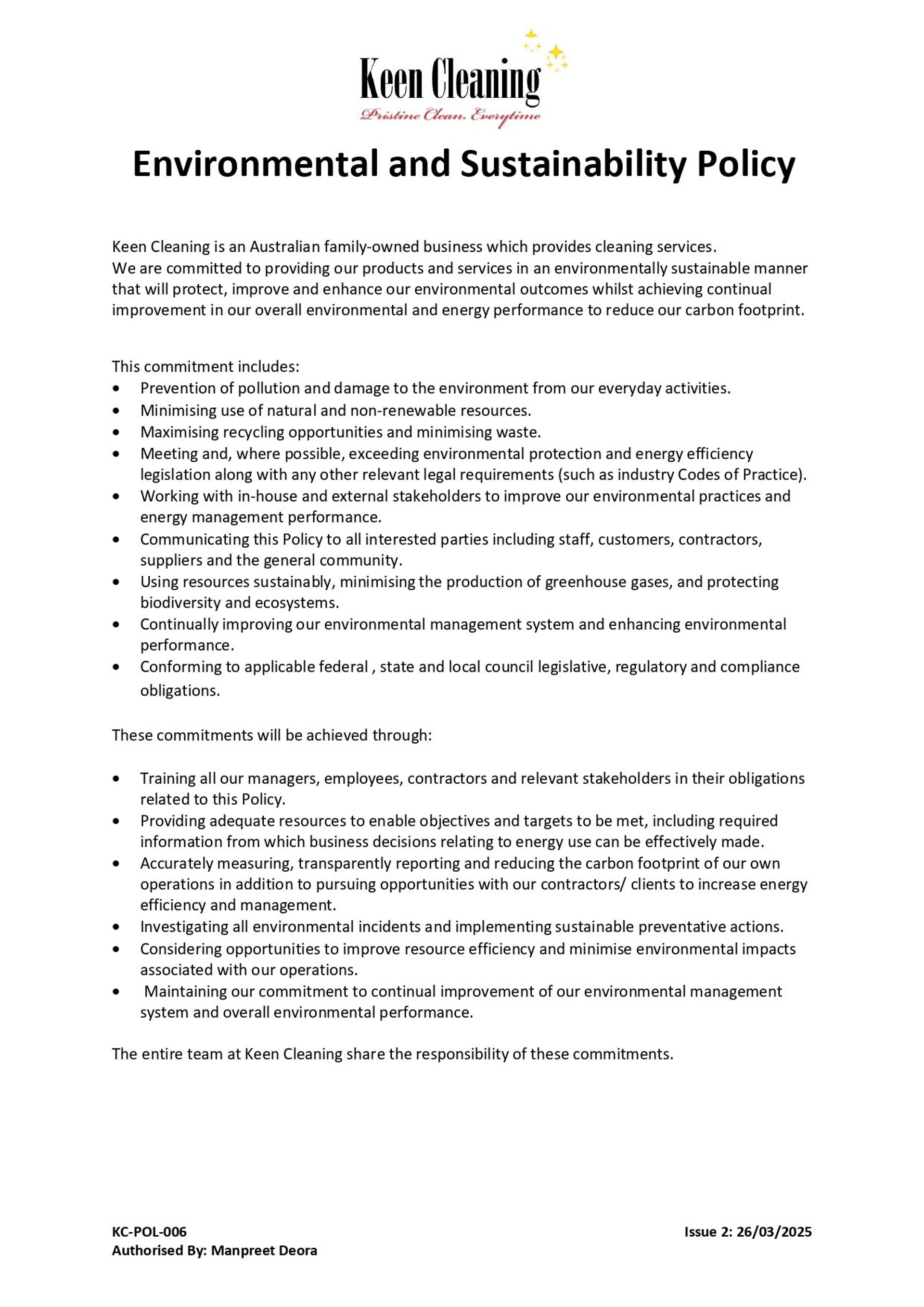 Keen Cleaning — Environmental and Sustainability Policy document KC-POL-006, signed by Managing Director