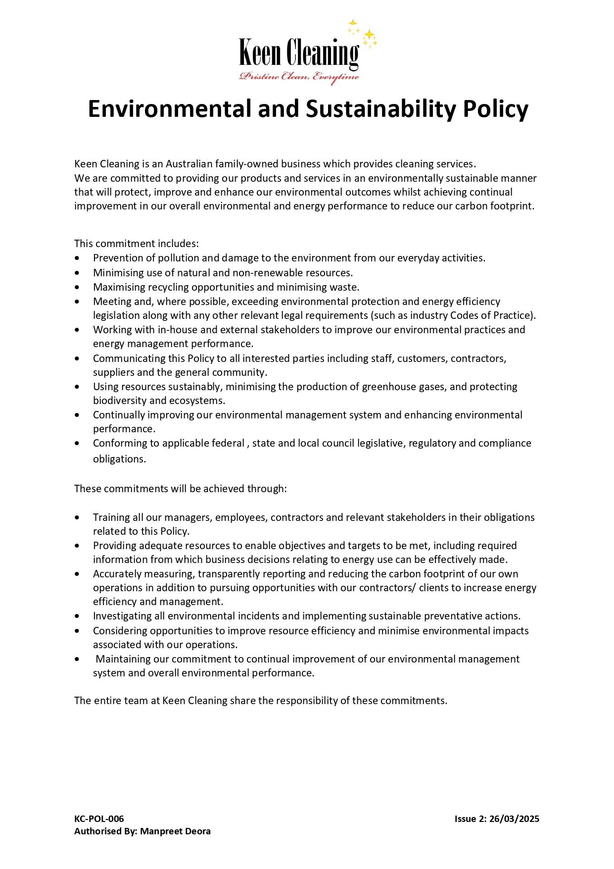 Keen Cleaning — Environmental and Sustainability Policy document KC-POL-006, signed by Managing Director