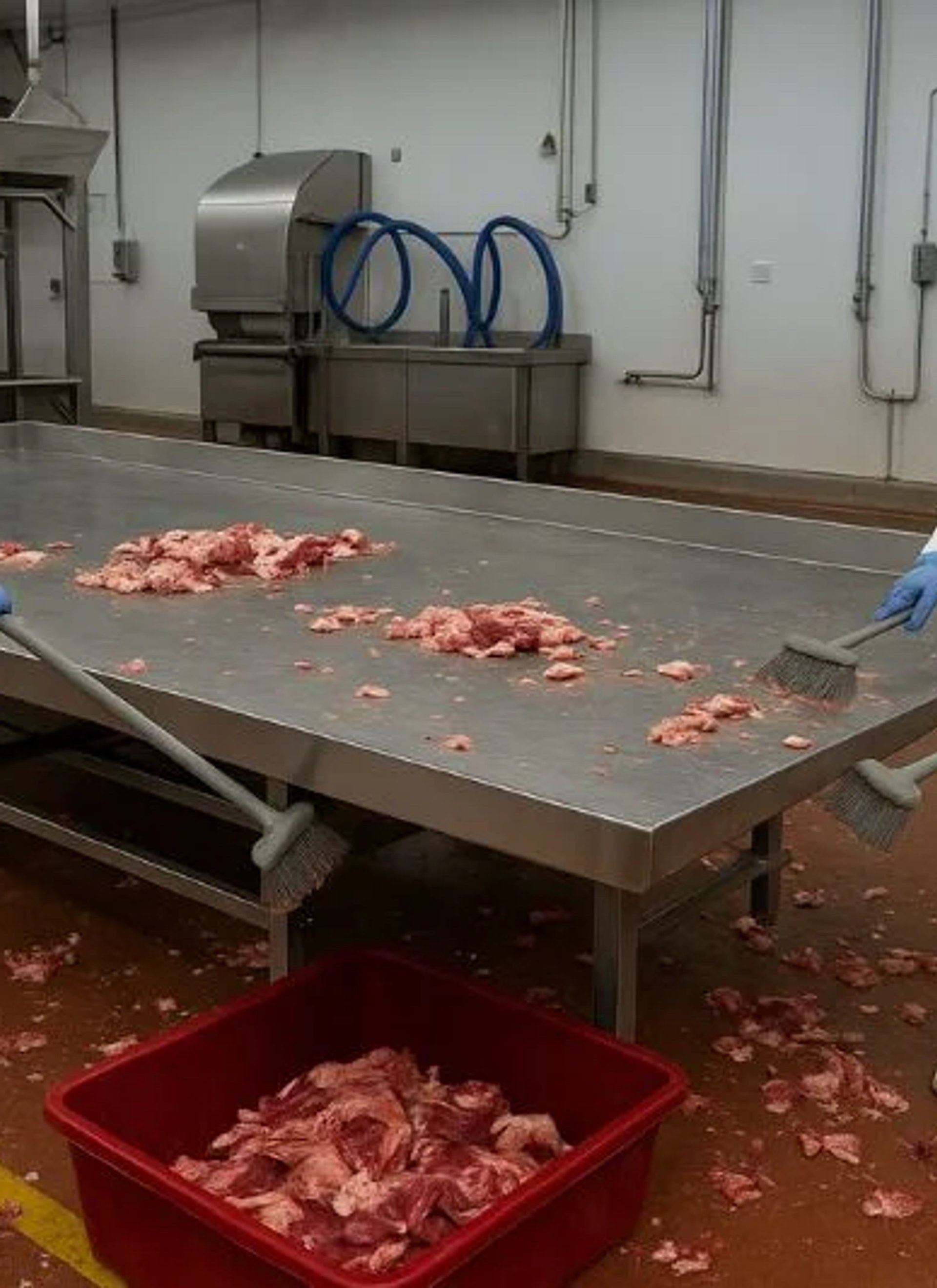 Industrial meat processing plant being deep cleaned — workers in PPE with high-pressure water spray on conveyor and equipment