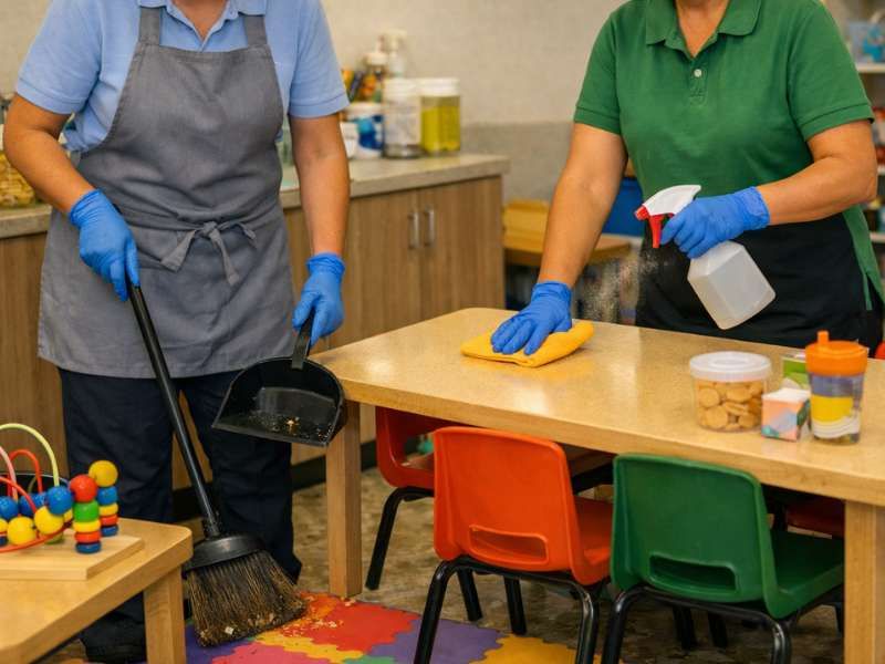 Bright, clean childcare classroom with toys and learning materials