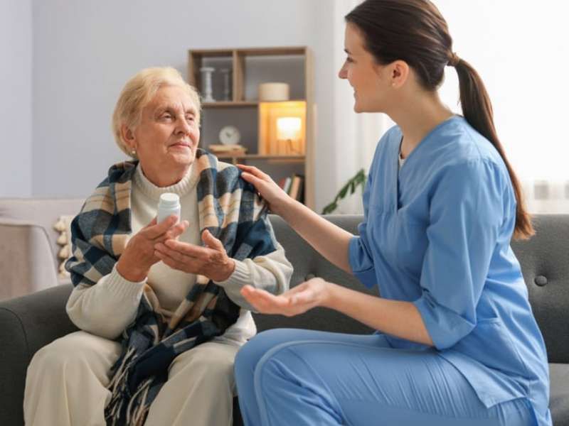 Professional cleaner sanitising high-touch surfaces in aged care facility