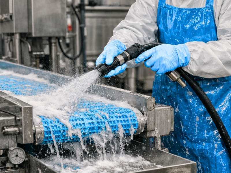 Modern food manufacturing plant interior with stainless-steel processing line and machinery