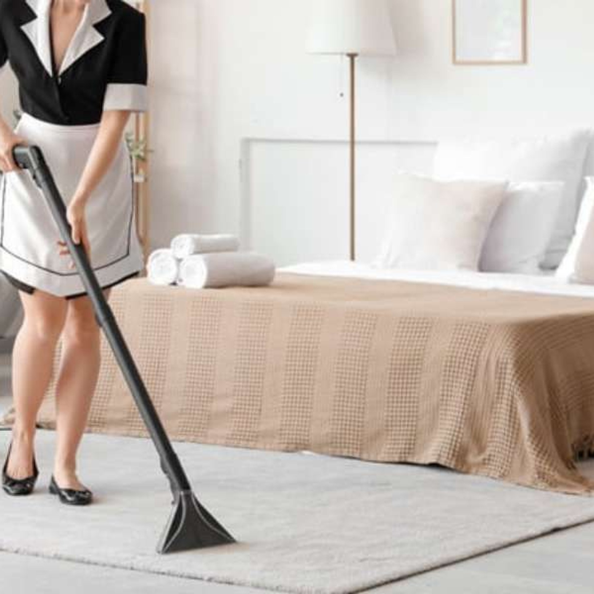 Professional hotel housekeeper preparing a guest room