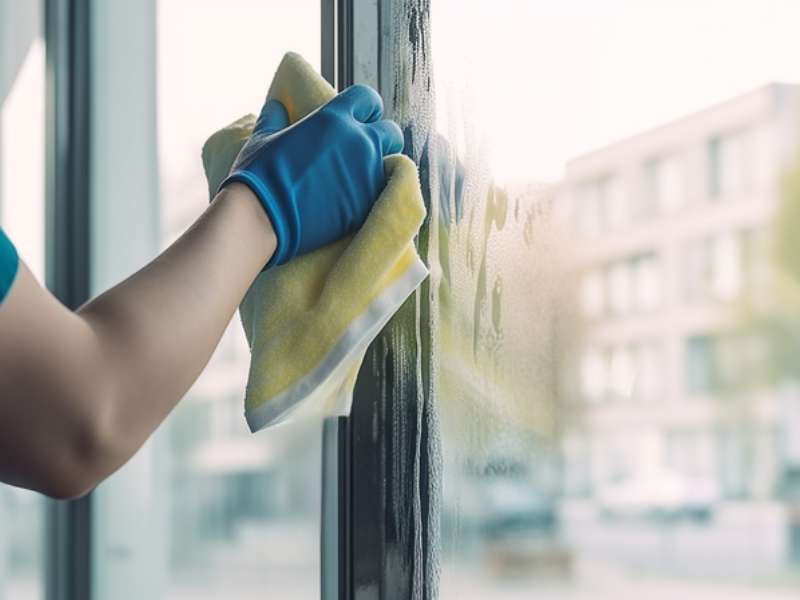 Professional window cleaner with squeegee cleaning glass