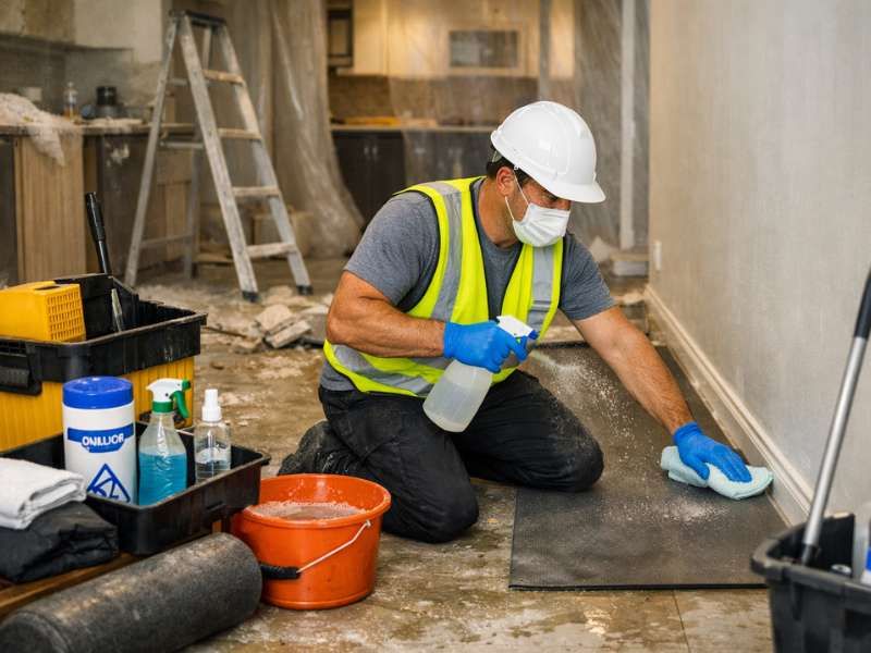 Professional builders cleaning team at work