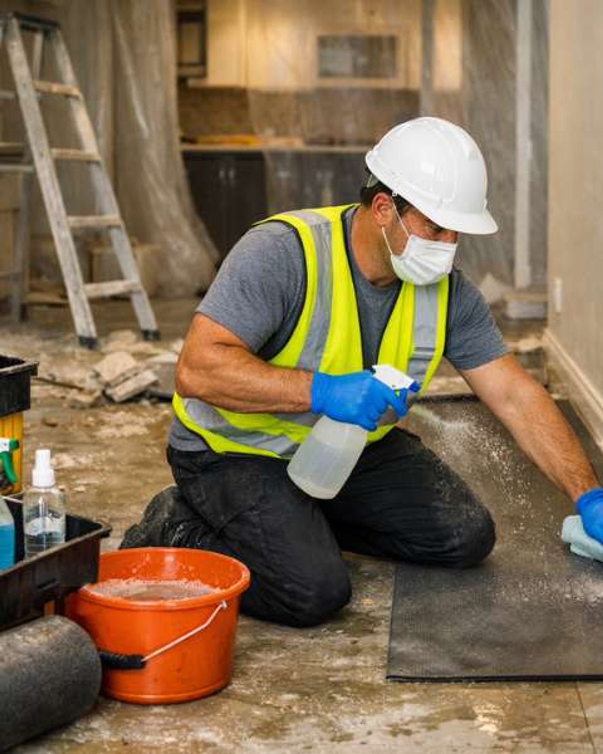 Professional builders cleaning team at work