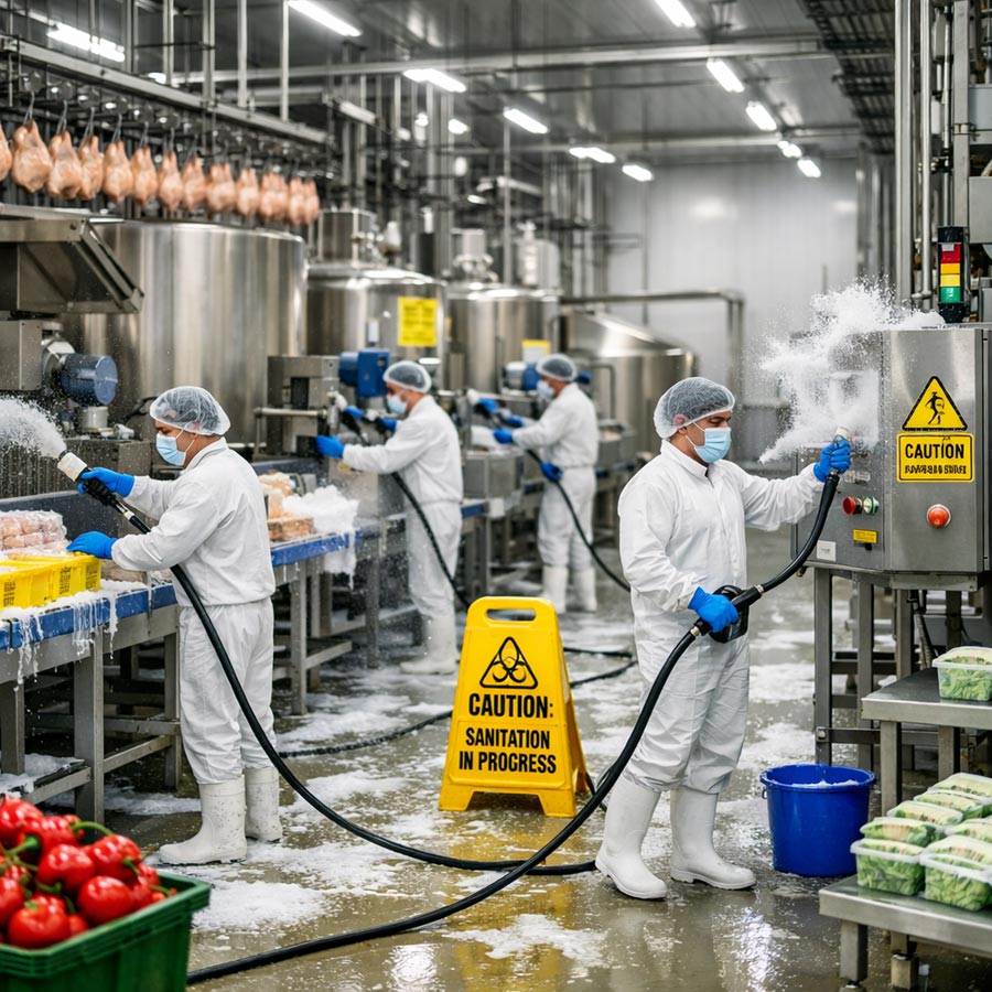 Modern food processing factory production line with polished stainless steel surfaces