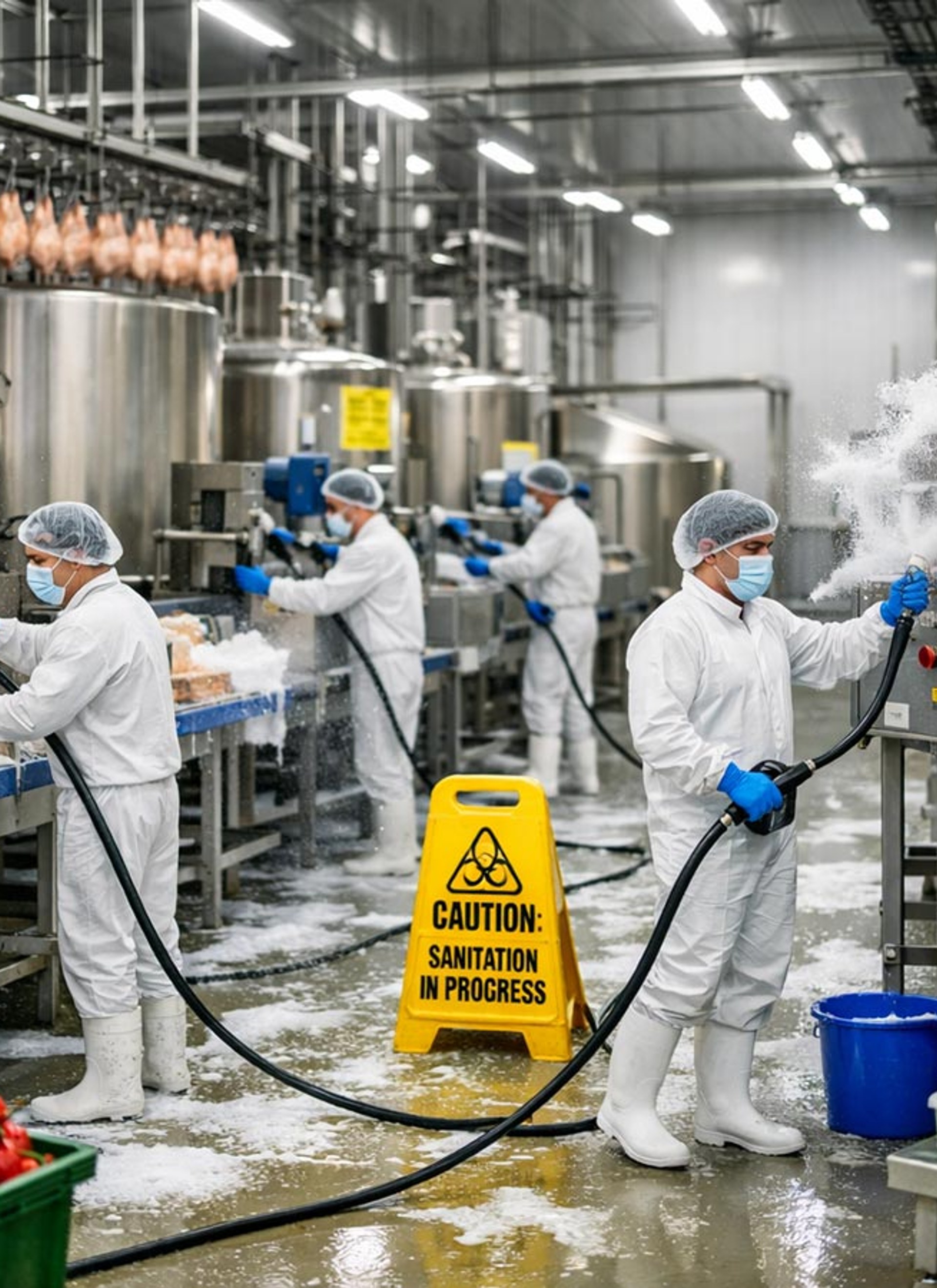 Modern food processing factory production line with polished stainless steel surfaces