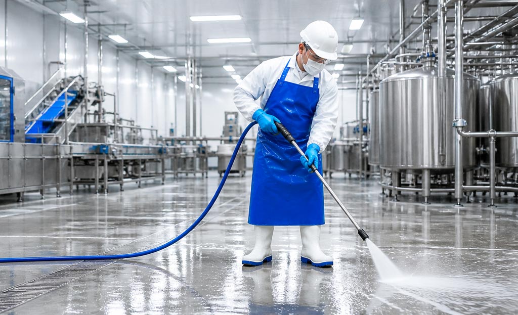 Food processing facility hygiene inspection — supervisor checking sanitation standards with cleaning crew working in background