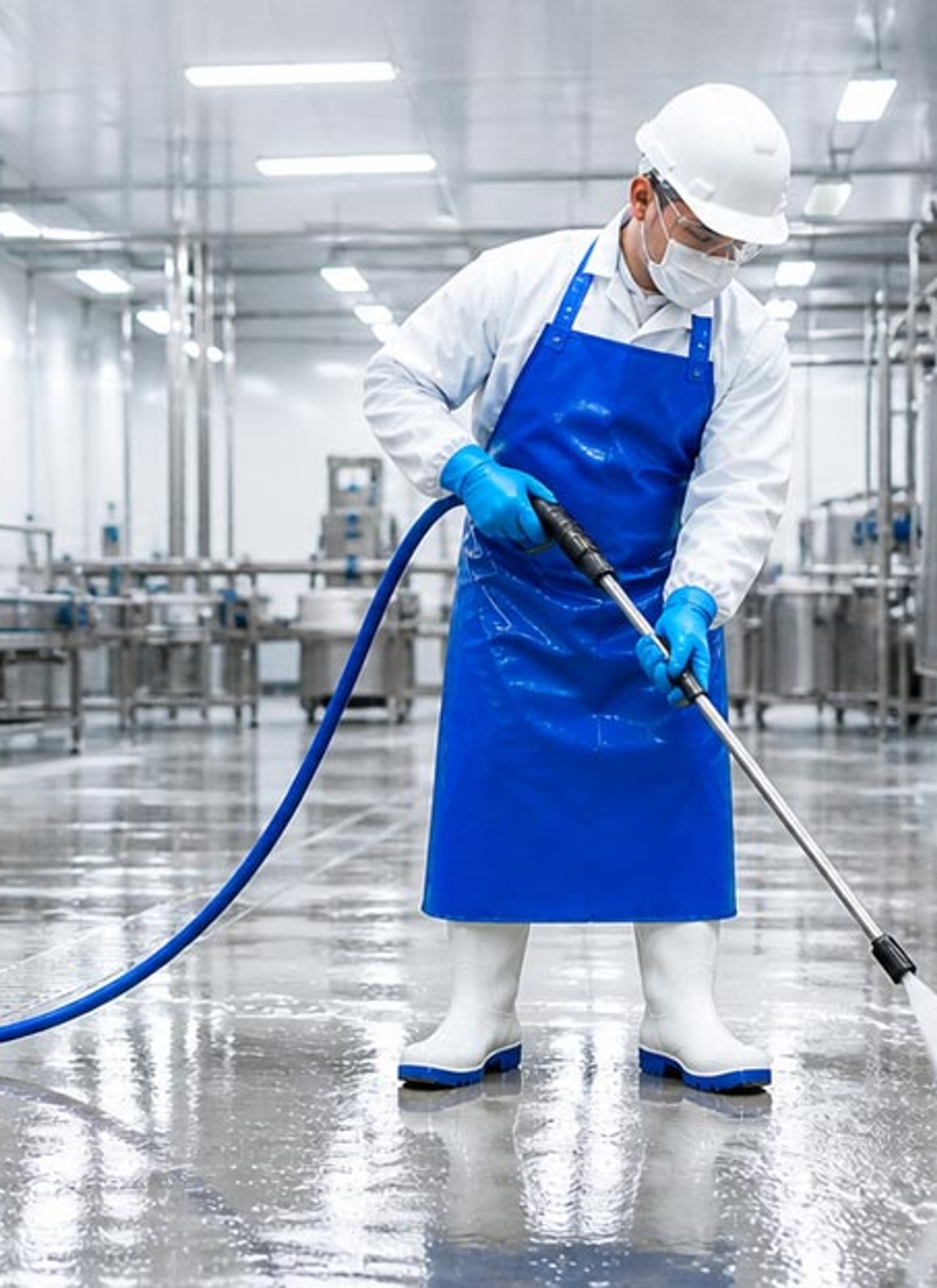 Food processing facility hygiene inspection — supervisor checking sanitation standards with cleaning crew working in background