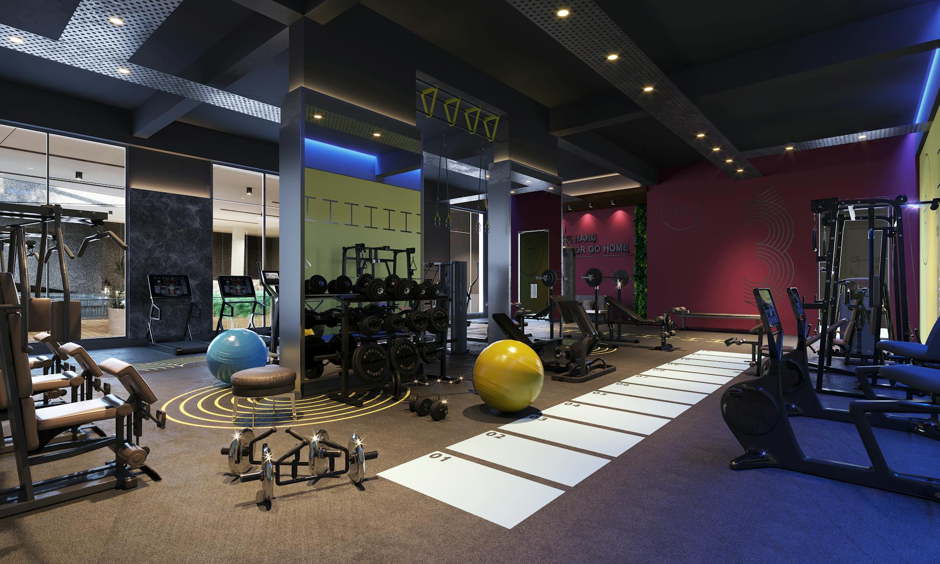 Modern fitness centre interior — spacious gym with cardio equipment and weights