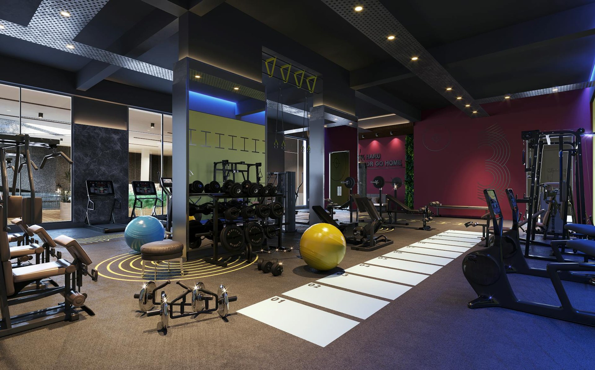 Modern fitness centre interior — spacious gym with cardio equipment and weights