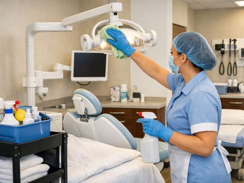 Spotless modern medical examination room — fully sanitised