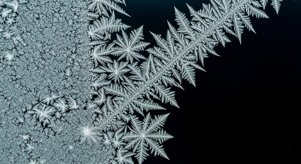 Macro photograph of frost dendrites on cold glass — the branching retrieval pattern of a customer service chatbot