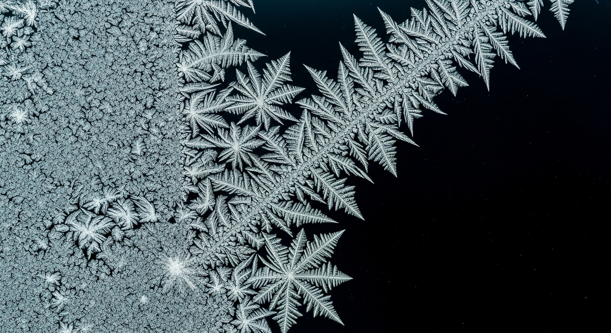 Macro photograph of frost dendrites on cold glass — the branching retrieval pattern of a customer service chatbot