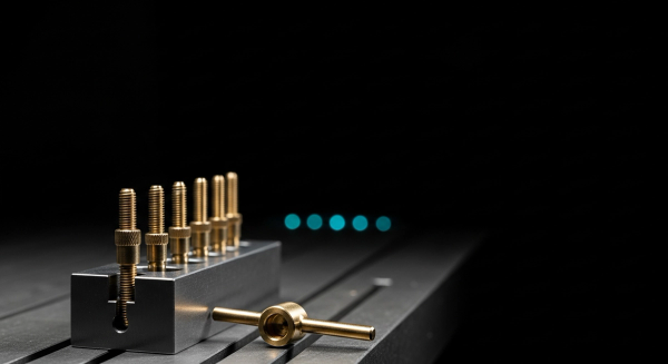 LLM fine-tuning hero — a row of fine brass calibration adjustment screws on a machinist's bench