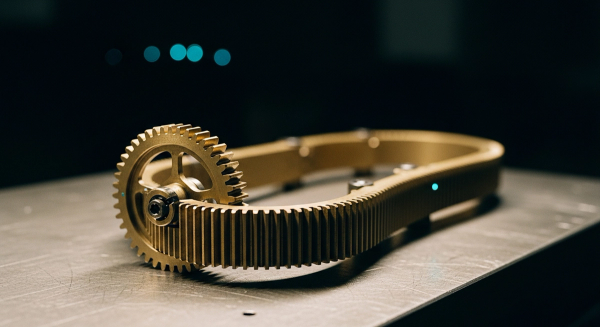 Agentic RAG hero — interlocking brass gears arranged in a closed loop on a machinist's bench, a retrieve-critique-retry feedback loop
