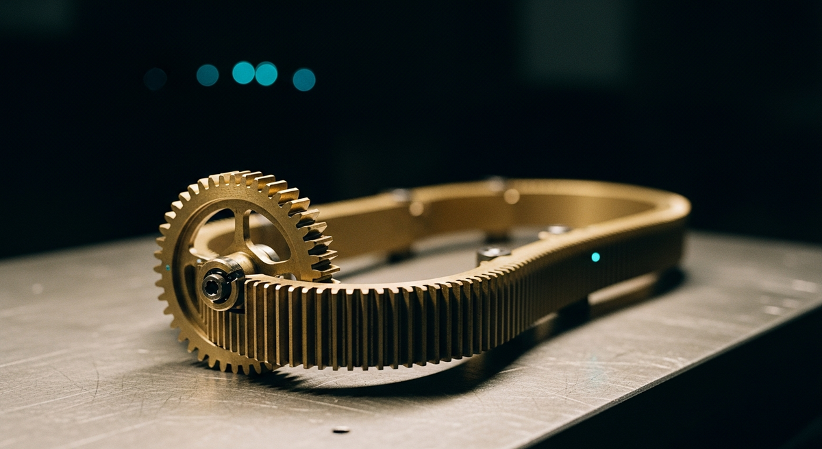 Agentic RAG hero — interlocking brass gears arranged in a closed loop on a machinist's bench, a retrieve-critique-retry feedback loop