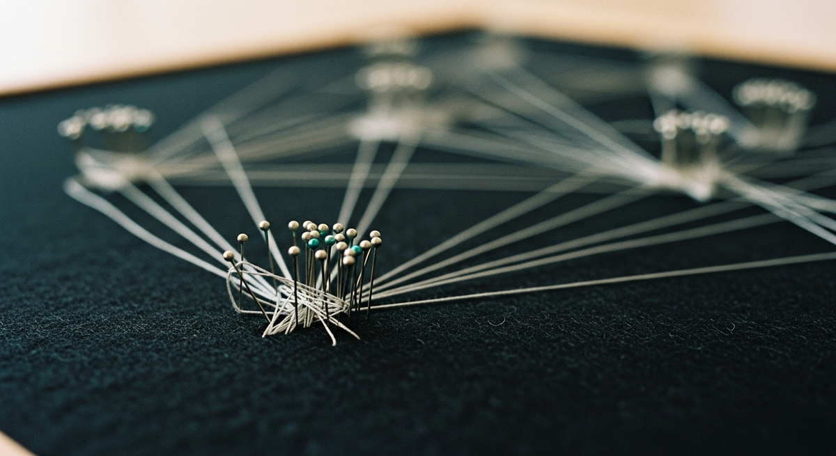 Embedding models hero — a dark felt board of fine pins joined by faint threads forming loose clusters