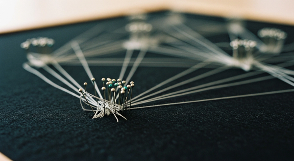 Embedding models hero — a dark felt board of fine pins joined by faint threads forming loose clusters
