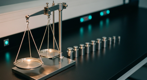 LLM evaluation frameworks hero — a precision balance scale and set of calibration weights on a stainless lab bench
