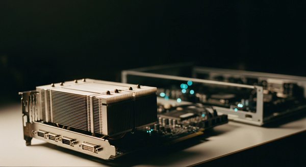 Self-hosted LLM hero — a single opened GPU compute unit on a workbench, cooling fins catching the key light