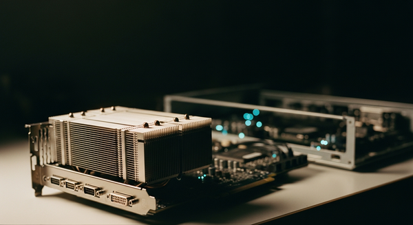 Self-hosted LLM hero — a single opened GPU compute unit on a workbench, cooling fins catching the key light