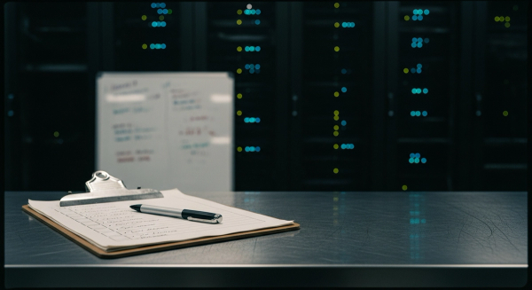 AI readiness assessment hero — an engineer's clipboard and scoring checklist against a server-room and whiteboard backdrop