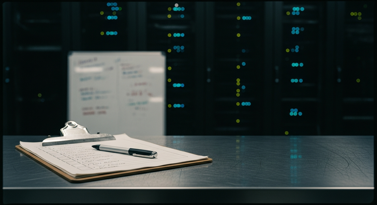 AI readiness assessment hero — an engineer's clipboard and scoring checklist against a server-room and whiteboard backdrop