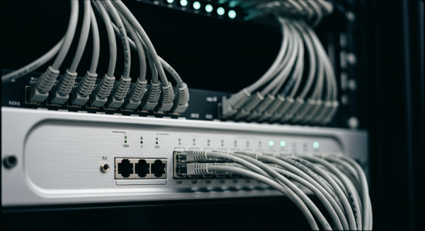 LLM gateway hero — a brushed-metal patch panel where many cables converge and route into a single output