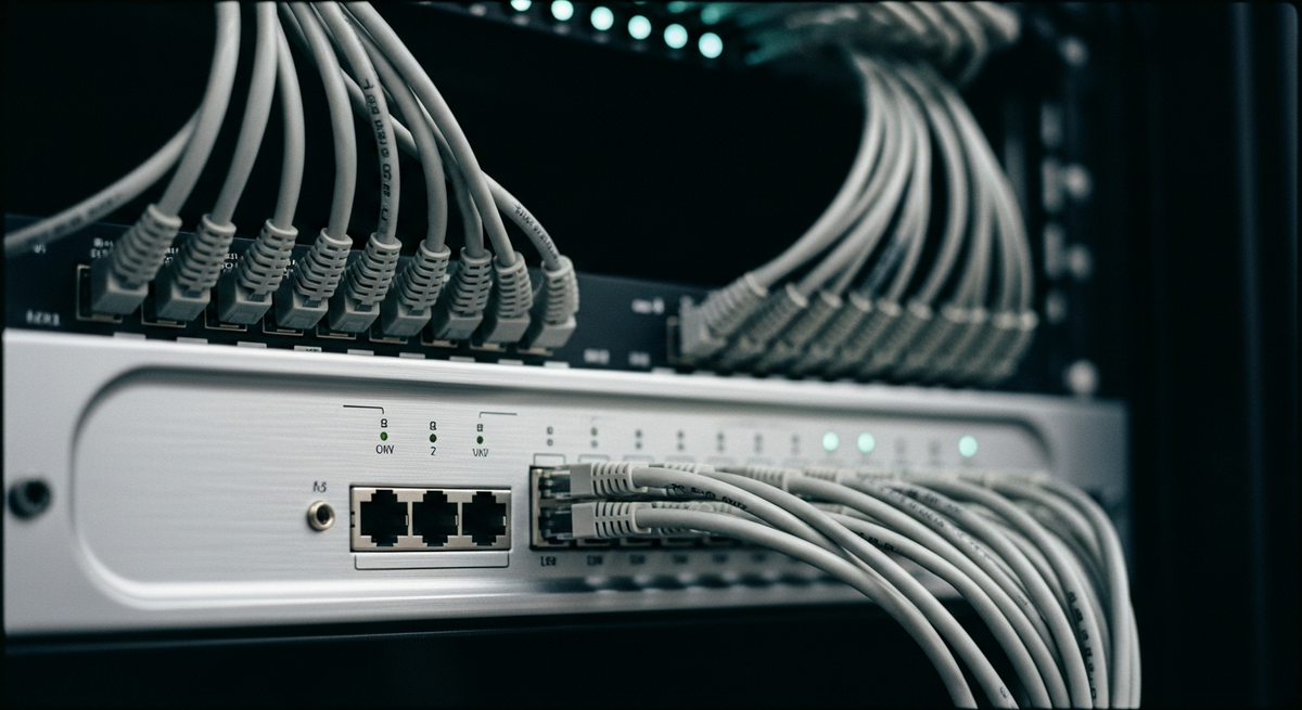 LLM gateway hero — a brushed-metal patch panel where many cables converge and route into a single output