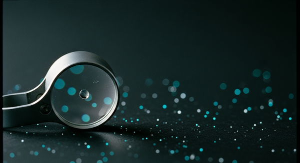 Semantic search hero — a single glass loupe resting over a field of tiny illuminated dots, one dot sharp under the lens