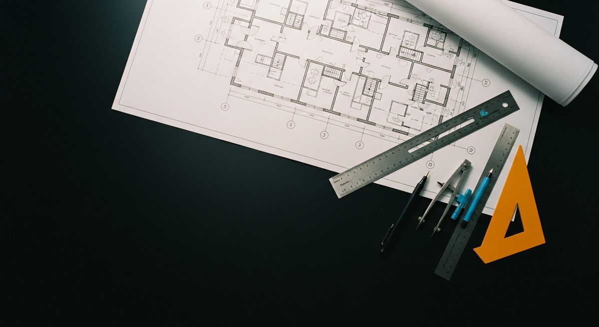 Overhead photograph of an architect's drafting table with a phased engineering blueprint, drafting tools, and a single cyan marker line