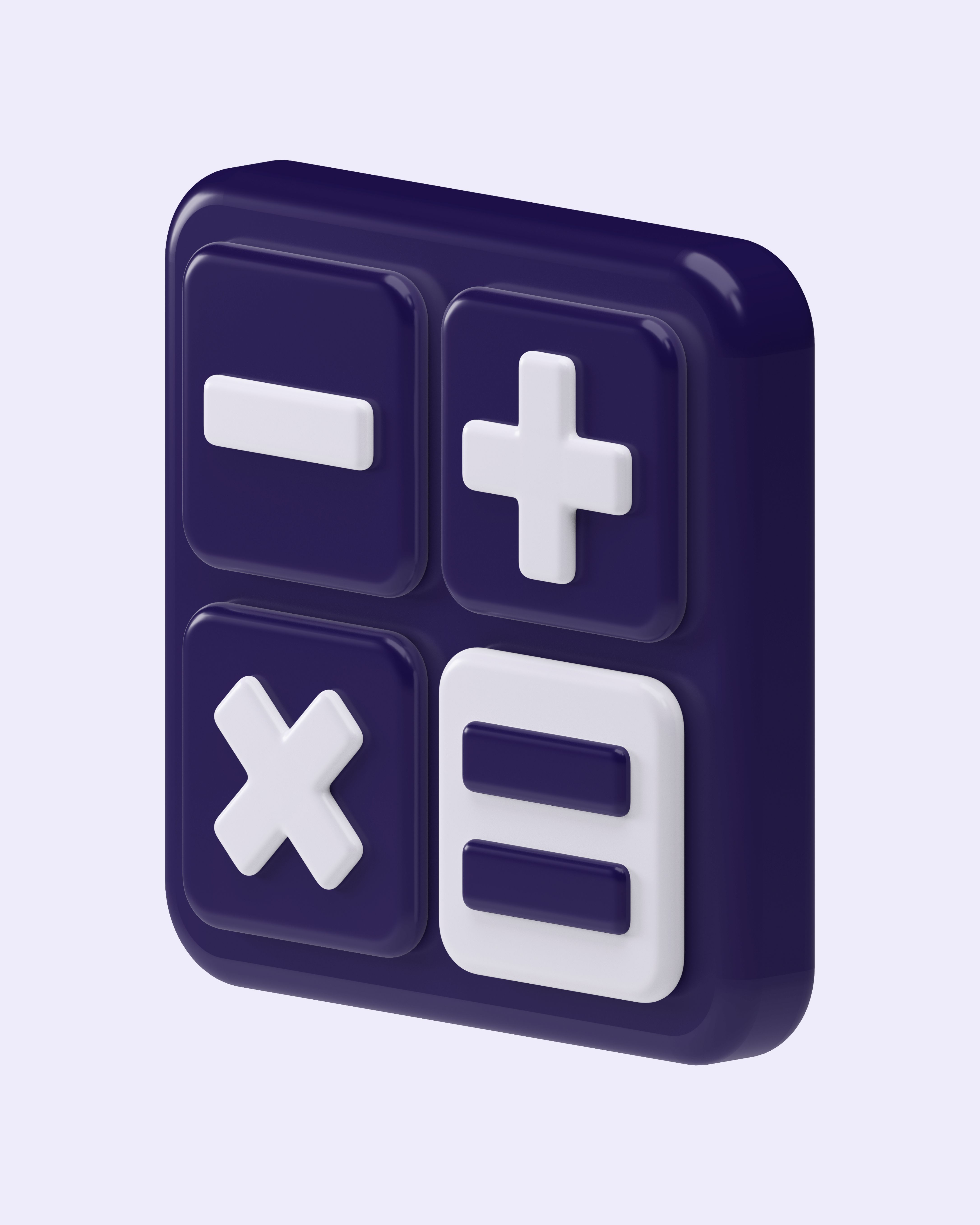 Icon of a calculator with white and electric indigo symbols, representing mathematical function on a violet background
