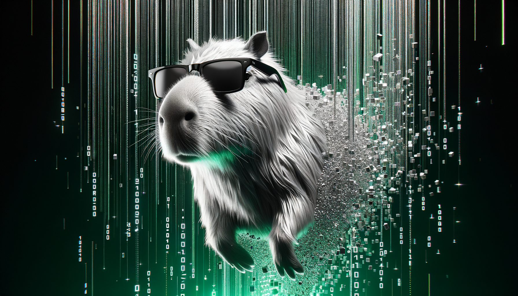 Our capybara mascot being in front of falling green digital code and particles