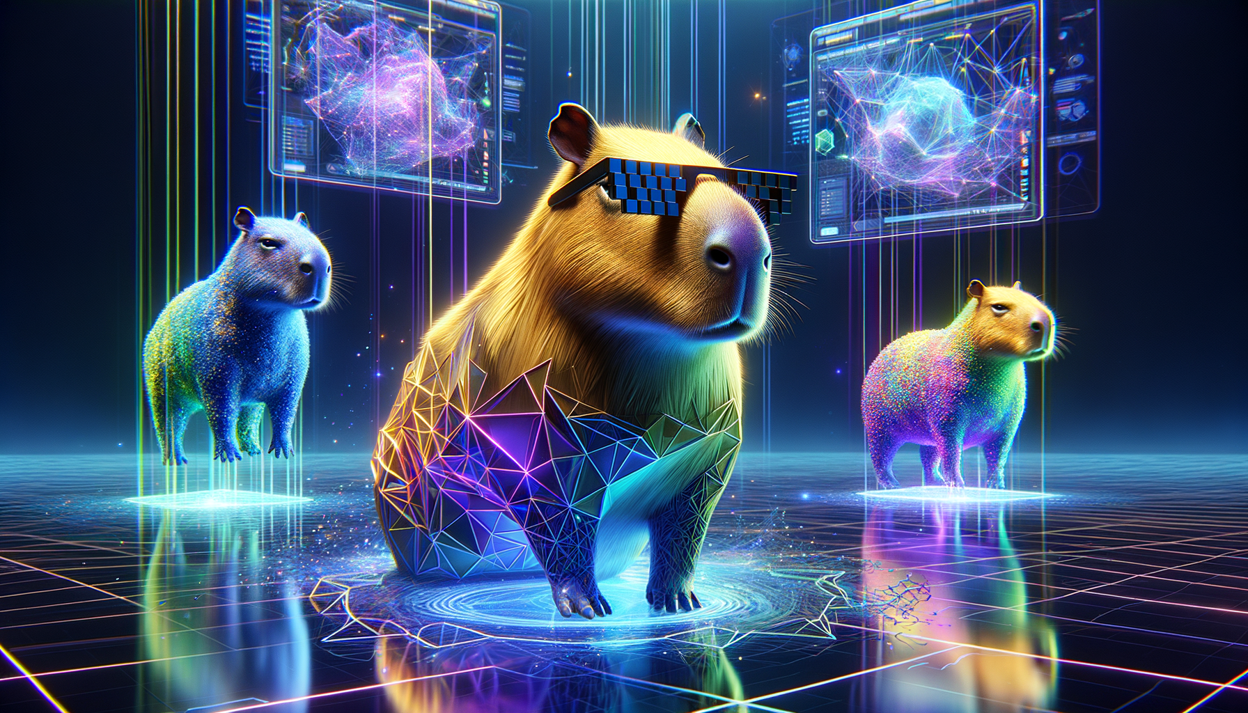 Our capybara mascot being beamed from an AI universe in multiple copies, one of them being the definite form of capybara awesomeness.