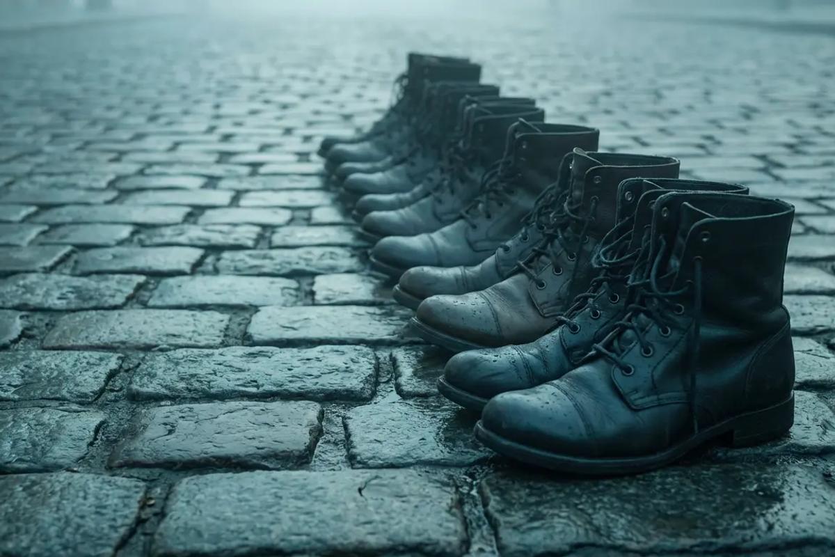 Neat row of boots at dawn, quiet order and readiness.