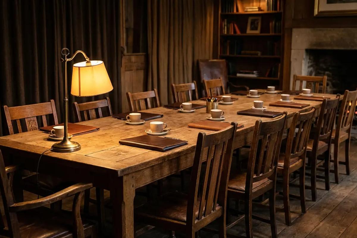 Warm room with a long wooden table and soft lamp light, welcoming and intimate.