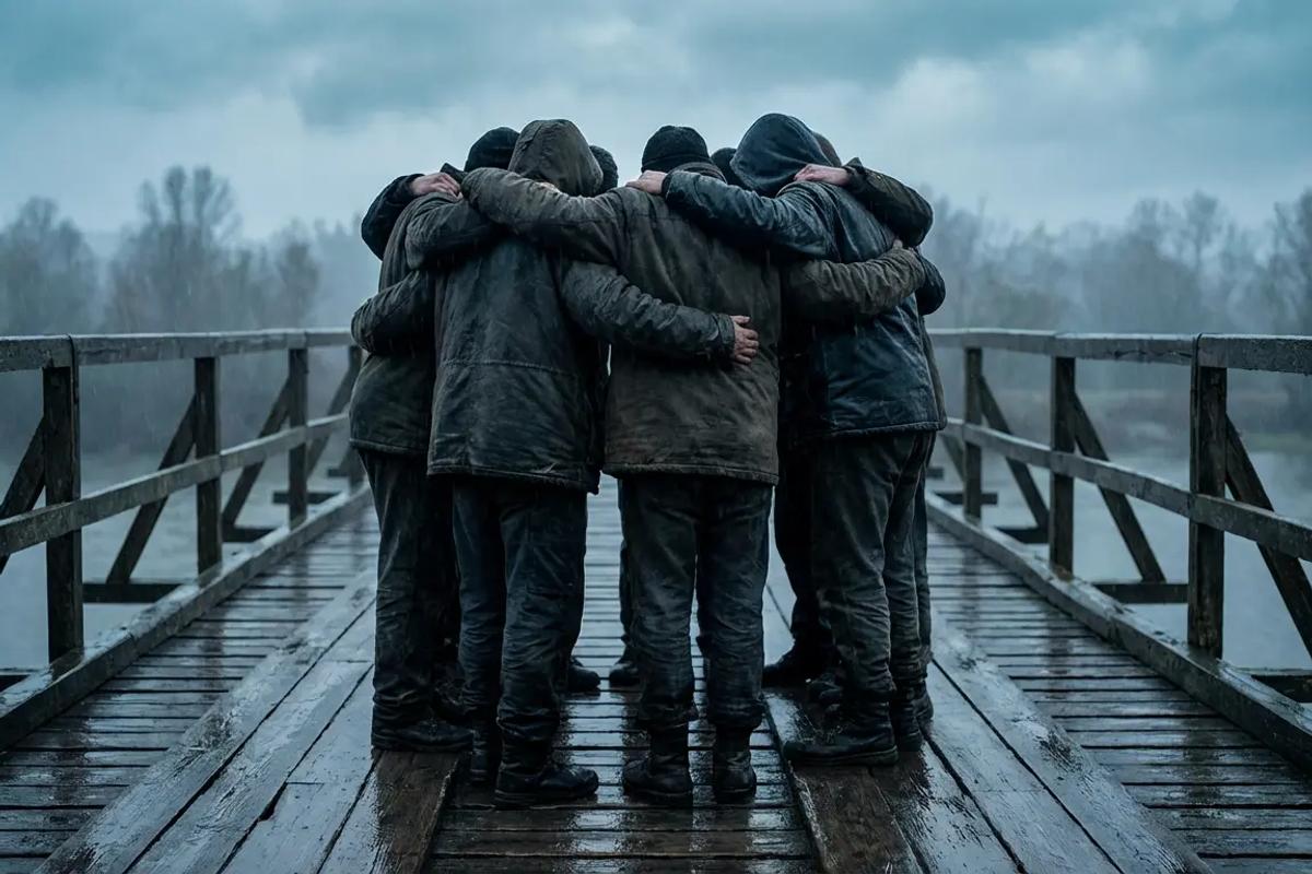 Group of men standing close together in rain, united and calm.